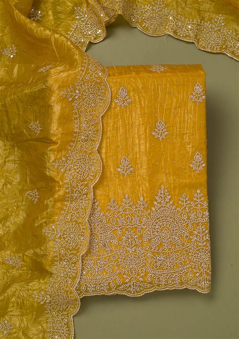 Buy Mustard Threadwork Tissue Unstitched Salwar Suit - Koskii
