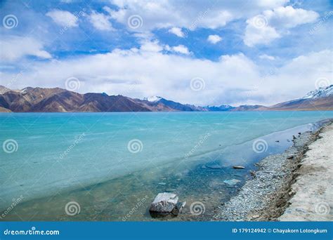 View Landscape of Himalayas Mountains and Frozen Lake Pangong Tso Stock ...