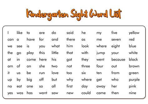 Free kindergarten 100 sight words list - misshilo