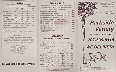 Menu at Parkside Variety pizzeria, Oxford