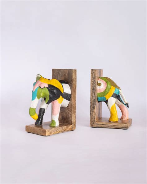 Buy Technicolour Tusker Wooden & Handpainted Paper mache Bookends ...