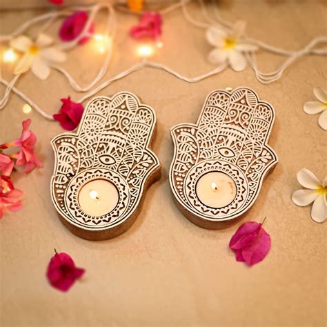 ExclusiveLane Flower Hand-Carved Blocks Tea-Light Holders (Set of 2 ...