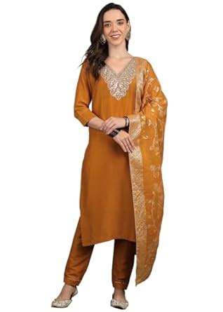 Buy New Ethnic 4 You Women's Mustard Embroidered Kurta Set with Dupatta ...
