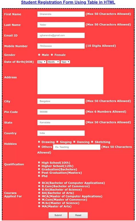 Image result for Student Registration Form HTML