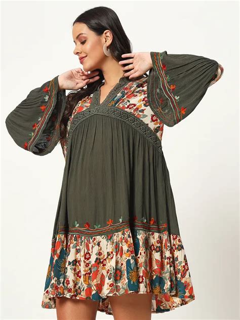 Veldress V-Neck Crochet Lace Embroidered Bell Full Sleeve Dress Price ...