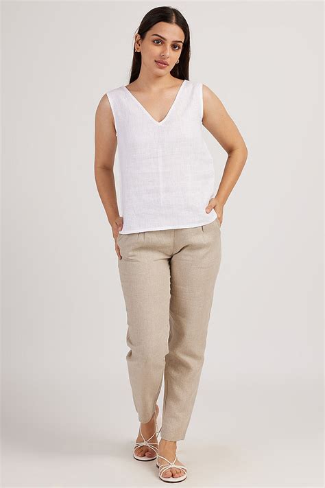 Buy Linen V Neck Tank top for Women Pearl White Online