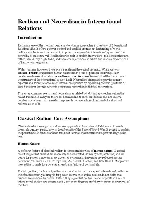 Realism and Neorealism in International Relations: A Comprehensive ...