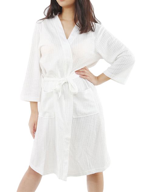 Women's Turkish Cotton Lightweight Waffle Kimono Short Robe S/M White ...