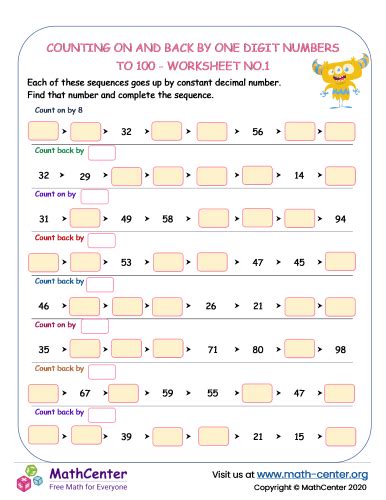 Counting on and back by one digit numbers to 100 - worksheet no.1 ...