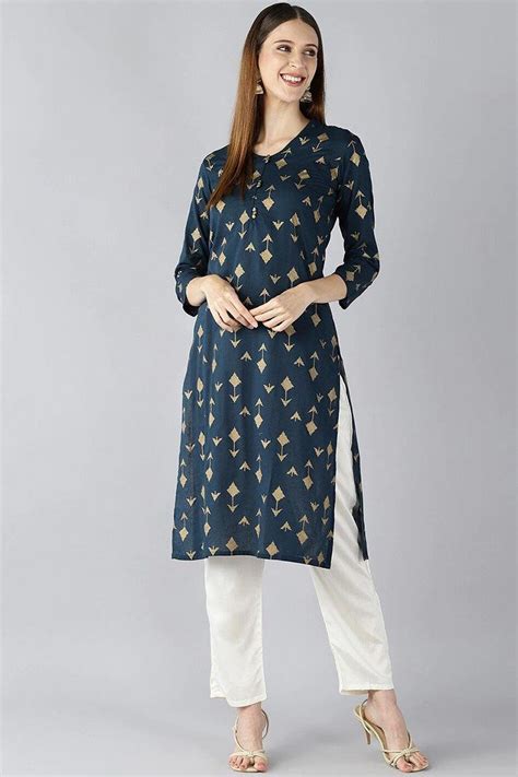 Buy Teal Blue And Gold Coloured Printed Straight Kurta VCK1765E | Vaamsi