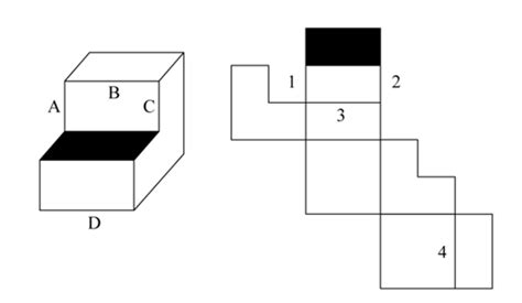下图为给定的多面体及其外表面展开图，问字母A、B、C、D和数字1、2、3、4代表的棱的对应关系为：【 - 小麦公考