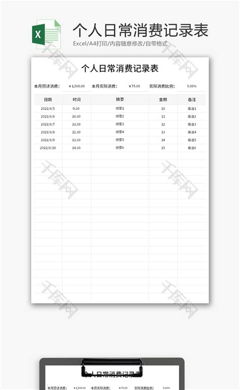 日常消费记录清单Excel模板_千库网(excelID：186786)