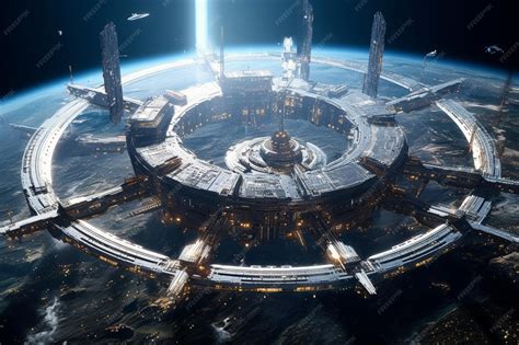 Premium AI Image | A futuristic space station with a large space station in the background.