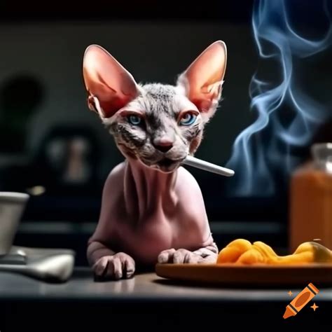 Hairless cat smoking cigarette in kitchen on Craiyon