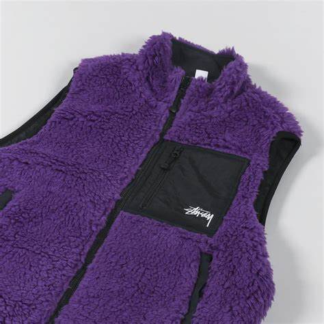 Stussy Mens Sherpa Fleece Vest Purple Reversible Gilet