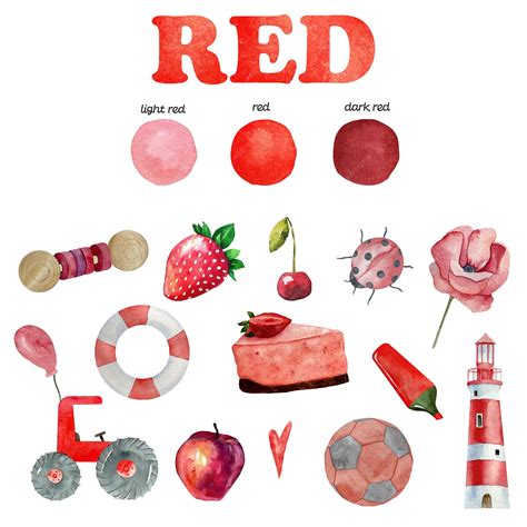 Premium Vector | Watercolor red color objects for learning kids things ...