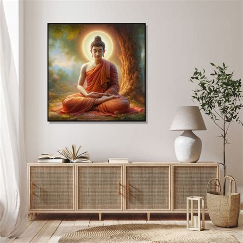 Vastu Painting of Meditating Buddha under a tress with gold orb behind ...