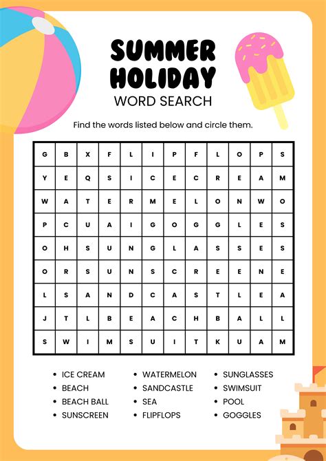 Summer Holiday Word Search for Kids