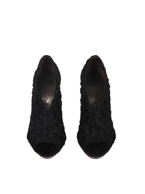 Shop Pre-loved Salvatore Ferragamo Black Intrecciato Suede Peep-toe ...