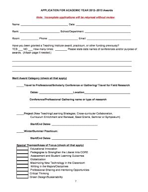 Fillable Online fitnyc 7 APPLICATION FOR ACADEMIC YEAR 2012 2013 Awards ...