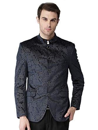 Buy Invictus Men Blue Velvet Slim Fit Patterned Ethnic Bandhgala Blazer ...