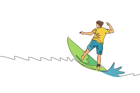 One single line drawing of young sporty surfer man riding on big waves ...