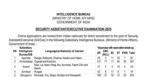 Intelligence Bureau (IB) Recruitment 2025 || 4987 Security Assistant ...