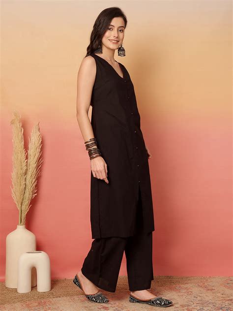 Women Black Solid V-neck, Sleeveless, Calf Length Straight Fit Kurta w ...