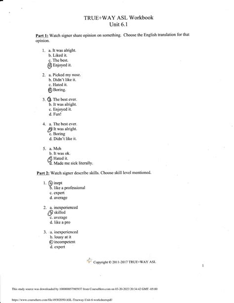SOLUTION: Asl trueway unit 6 worksheets pdf - Studypool