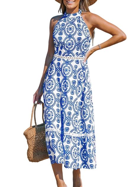 CUPSHE Women's Casual Beach Midi Dress, Blue & White Halterneck ...
