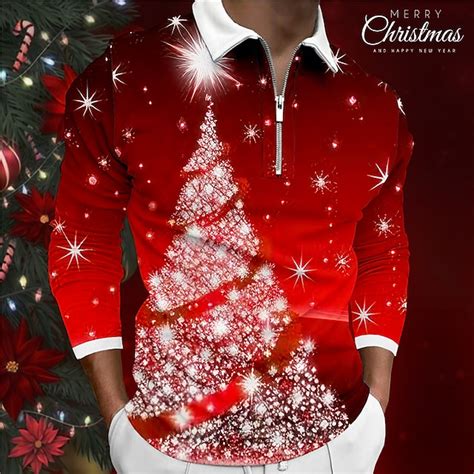 Christmas Men's Christmas Scene 3D Zipper Polo Tree Casual Zip Golf ...