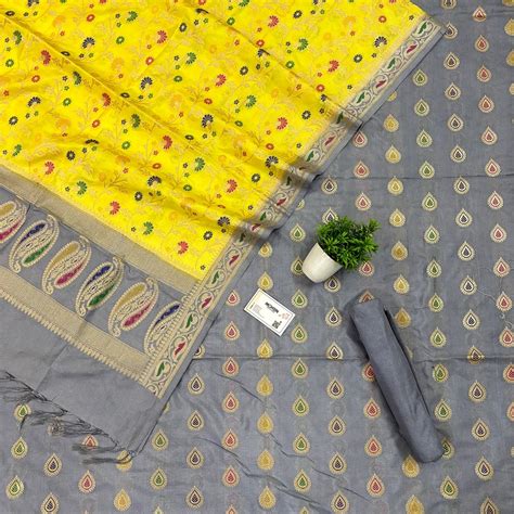Grey and Yellow Golden Zari Katan Silk Banarasi Suit – Mohsin Textiles