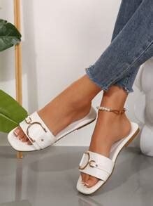 Women's Large Button Decor Flat Slide Sandals, Casual & Comfortable ...