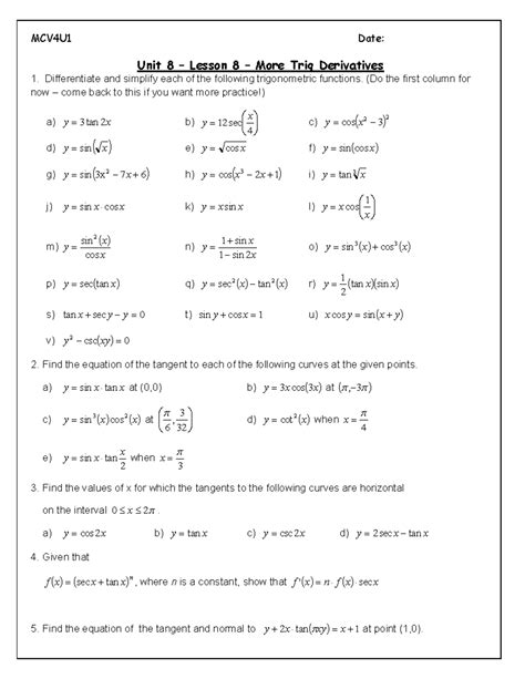 L07 Trig Derivatives Practice - MCV4U1 Date: Unit 8 – Lesson 8 – More ...