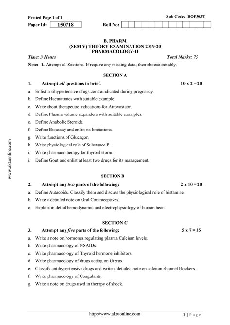 Bpharm 5 sem pharmacology 2 bop503t 2020 - Printed Page 1 of 1 Sub Code ...
