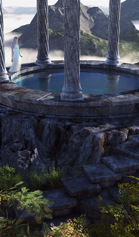 Download wallpaper girl, clouds, landscape, mountains, height, columns ...