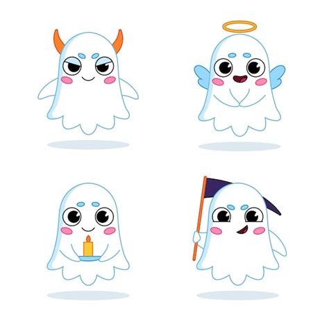 Cartoon ghost character holding candle and flying on angel wings set ...