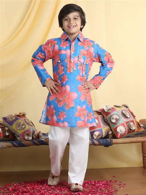 Cutiekins Boys Floral Print Shirt Collar Kurta & Pajama Set -Blue & Wh