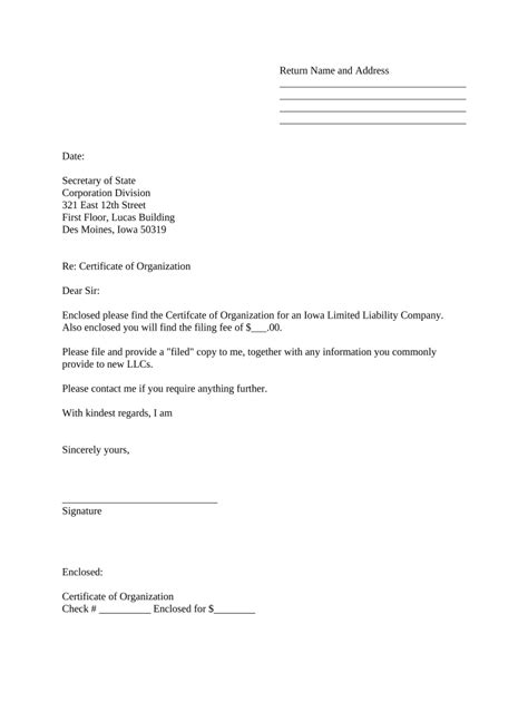 Iowa LLC Certificate of Organization Request - Blank Fillable Template ...