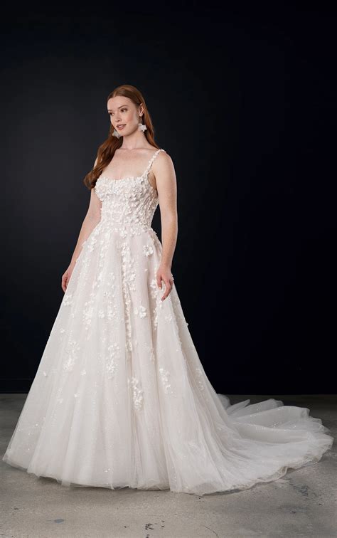 Romantic 3D Floral Wedding Dress with Square Neckline