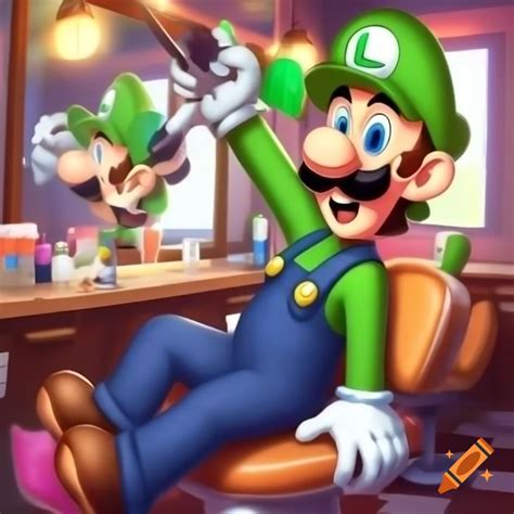 Luigi getting a low taper fade at a barbershop with a smile on Craiyon