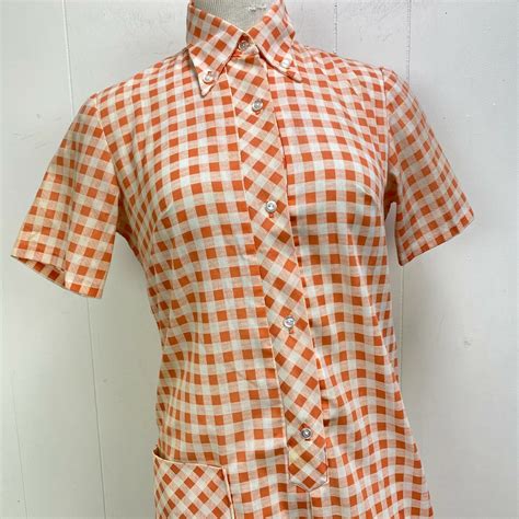 Vintage Sears Perma Press Peach White Gingham Dress B… - Gem