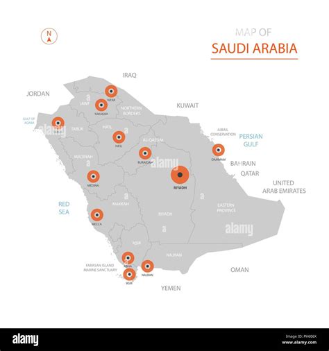 Stylized vector Saudi Arabia map showing big cities, capital Riyadh, administrative divisions ...