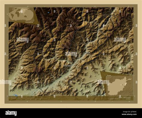 Kunar, province of Afghanistan. Colored elevation map with lakes and rivers. Locations and names ...