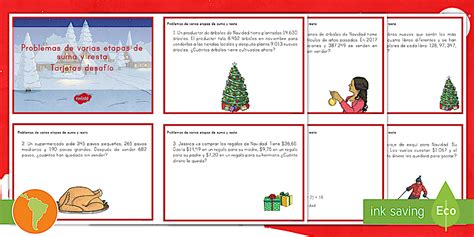 Tarjetas desafio: Problemas de varias etapas de sumas y restas - Navidad