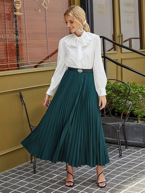 Solid Elastic Waist Pleated Skirt | Pleated long skirt, Green pleated ...