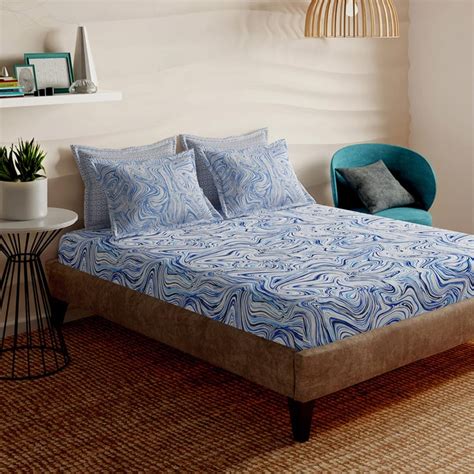 Buy PORTICO Ethereal Blue Cotton 152TC Printed 5Pcs Super King Bedsheet ...