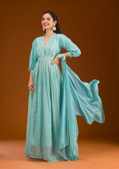 Buy Sky Blue Threadwork Semi Crepe Readymade Salwar Suit - Koskii