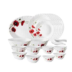 Larah By Borosil Red Lily Opalware Floral Print Dinner Set, 33-Pieces ...