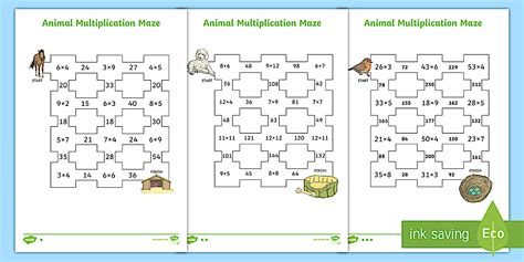 Animal Multiplication Maze Differentiated Worksheets